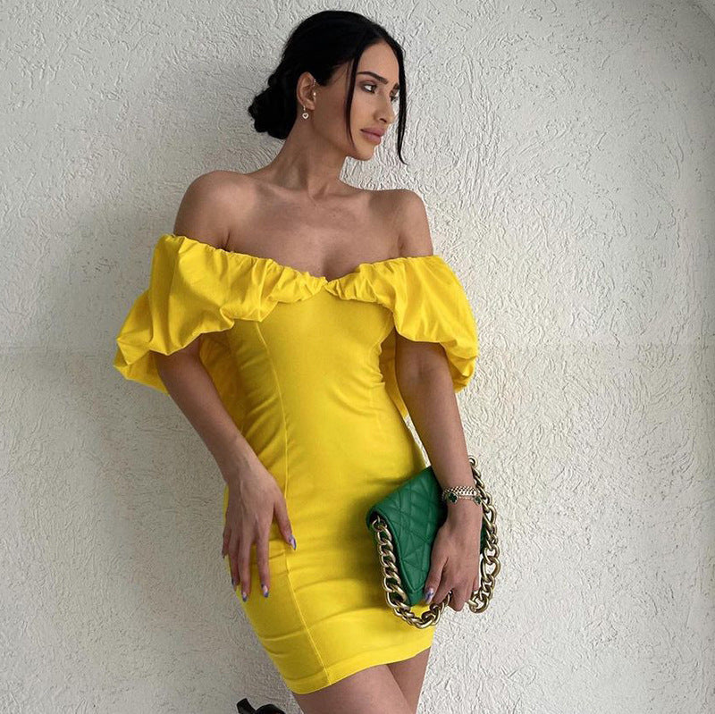 Spring Casual Vacation Tight Waist Slimming Sense Design Pleated Off Shoulder Hip Bag Dress