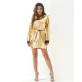 Metallic Coated Fabric Women Sexy Long Sleeve Dress Laser Color Matching Dress Runway Women Clothing No Belt