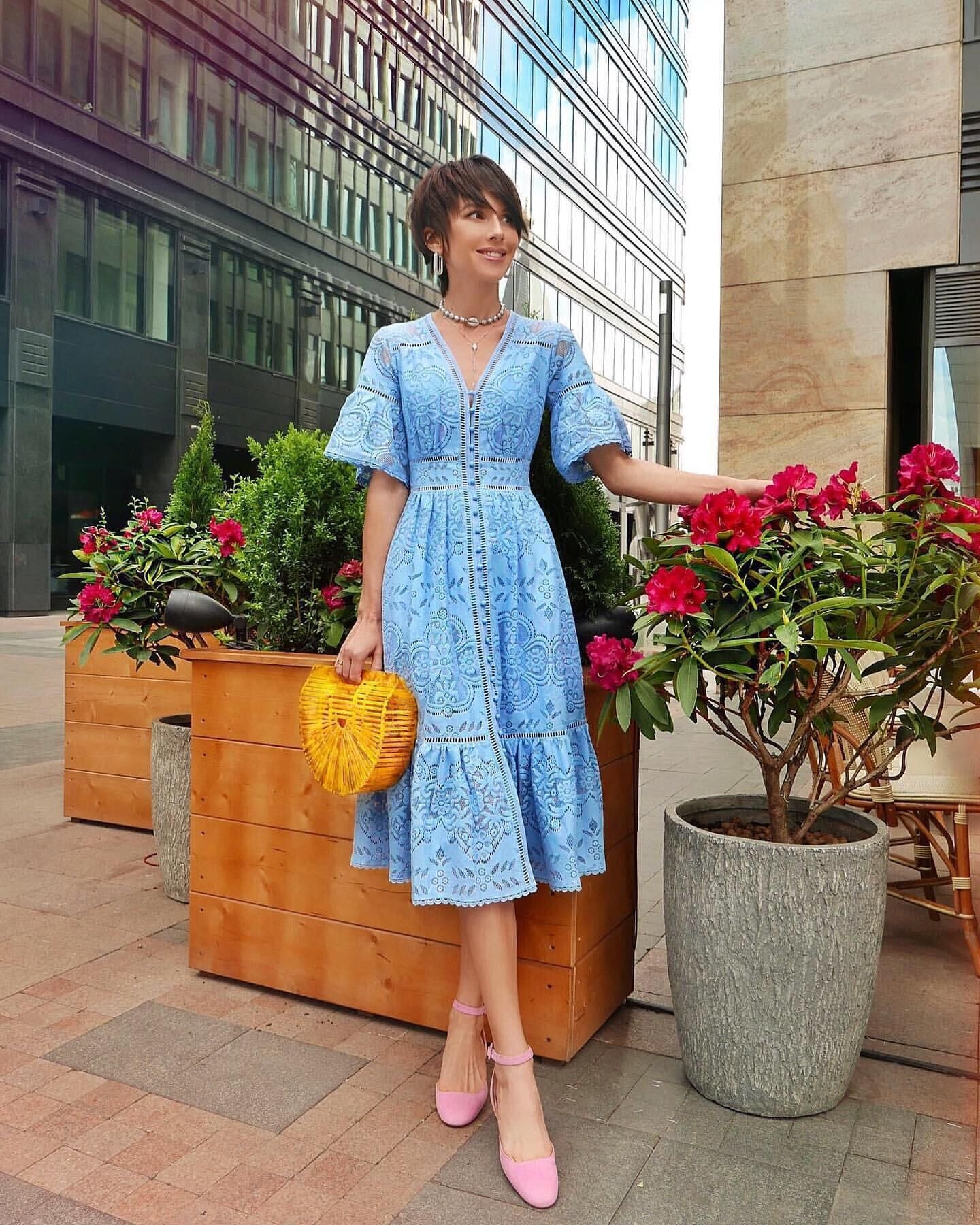 Summer Women Clothing V Neck Short Sleeve Hollow Out Cutout Single Breasted Lace Dress