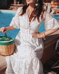 Summer Women Clothing V Neck Short Sleeve Hollow Out Cutout Single Breasted Lace Dress