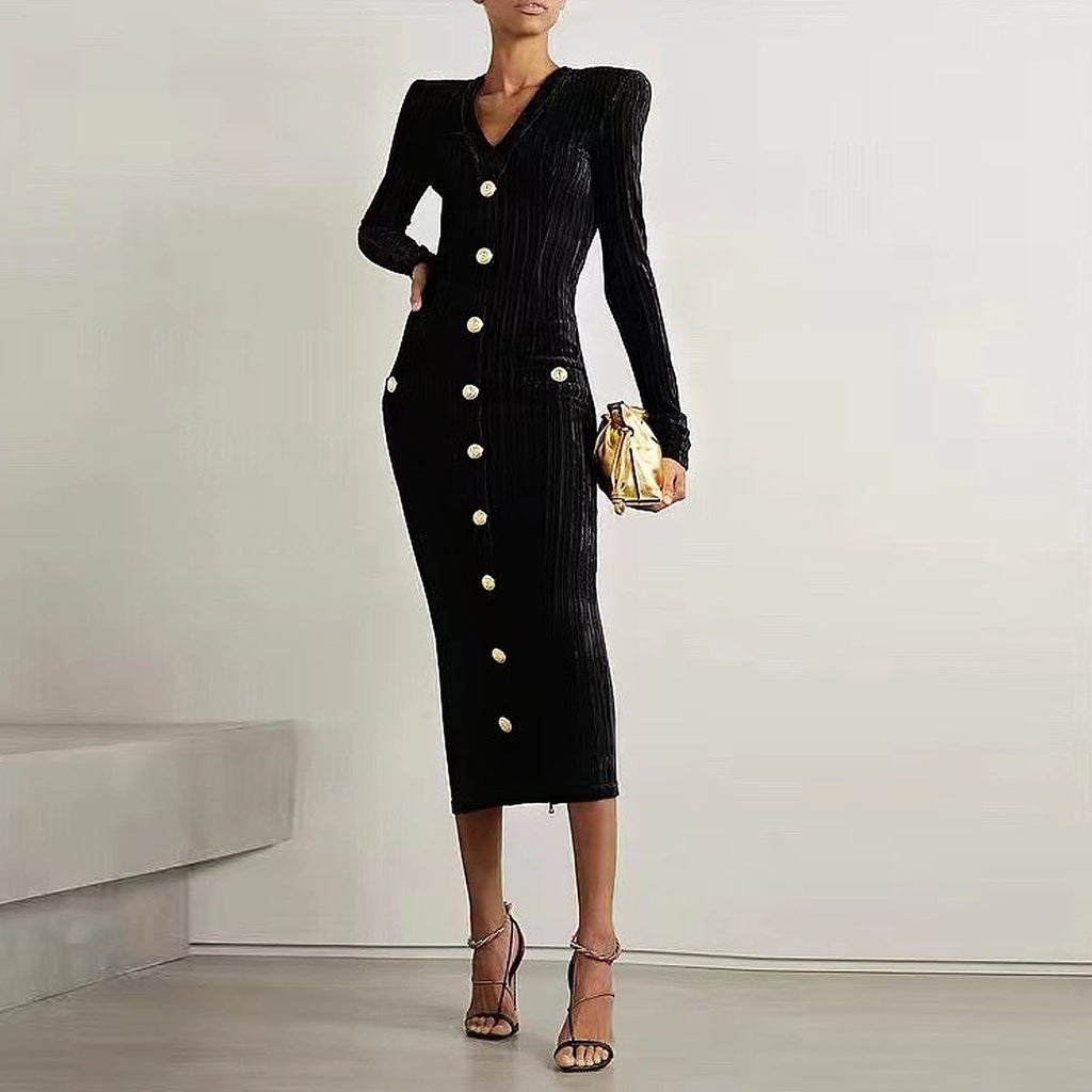 Spring Autumn Socialite Velvet Long Sleeves Slim Fit Slimming Back Zipper Dress