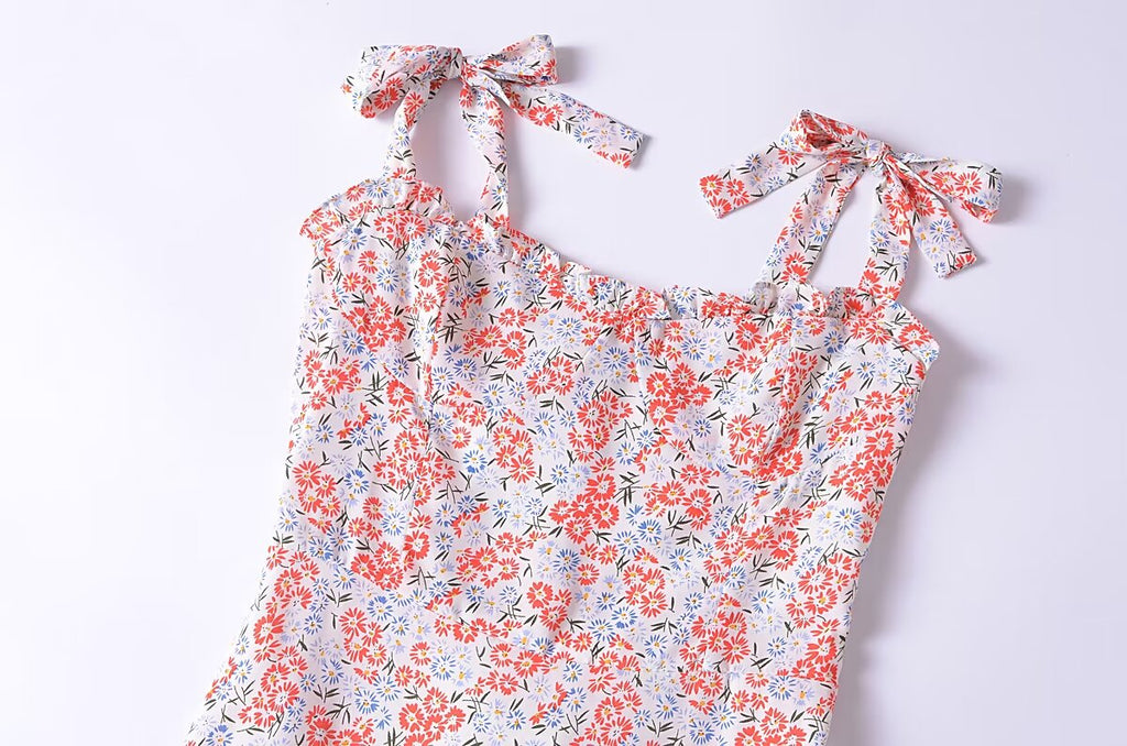 Women Clothing French Small Floral Print Slim Slimming Large Cami Dress