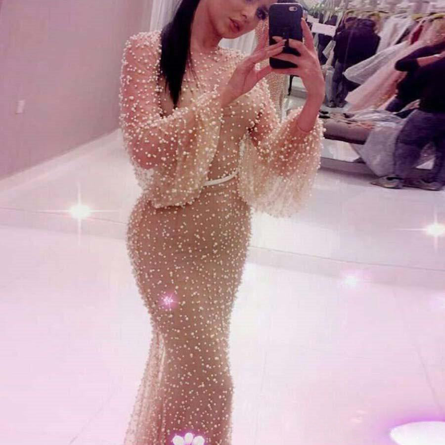 Autumn Middle East Women Clothing Mesh Round Neck Puff Sleeve Dress Skinny Hip Dress