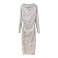 Women Clothing French Sexy Slim Fit Slit Beads Decoration Long Sleeve Casual Maxi Dress
