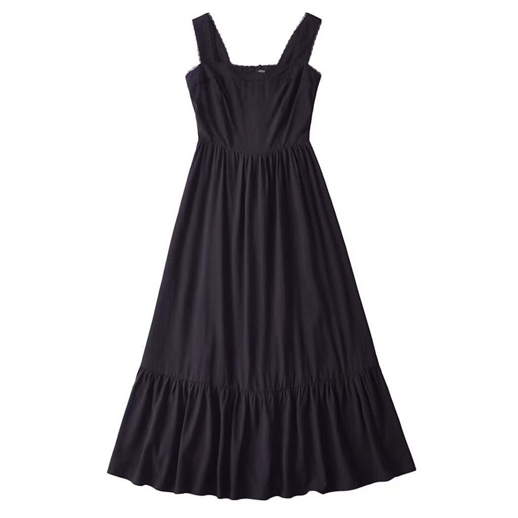 French Retro Lace Bowknot Decoration Square Collar Vest Dress Cami Dress Summer Slim Fit A Line Dress Women