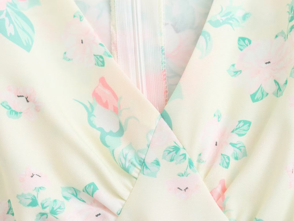 Spring Women Clothing V Neck Short Sleeve High Waist Print Dress Women