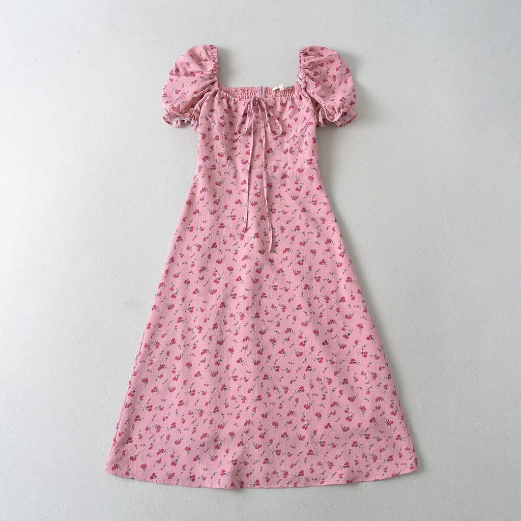 Summer Pink Roses Maxi Dress Puff Sleeve Self Tie Dress