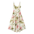 Women Clothing French Vintage Print Lace Up Midi Dress Waist Controlled Slimming Dress