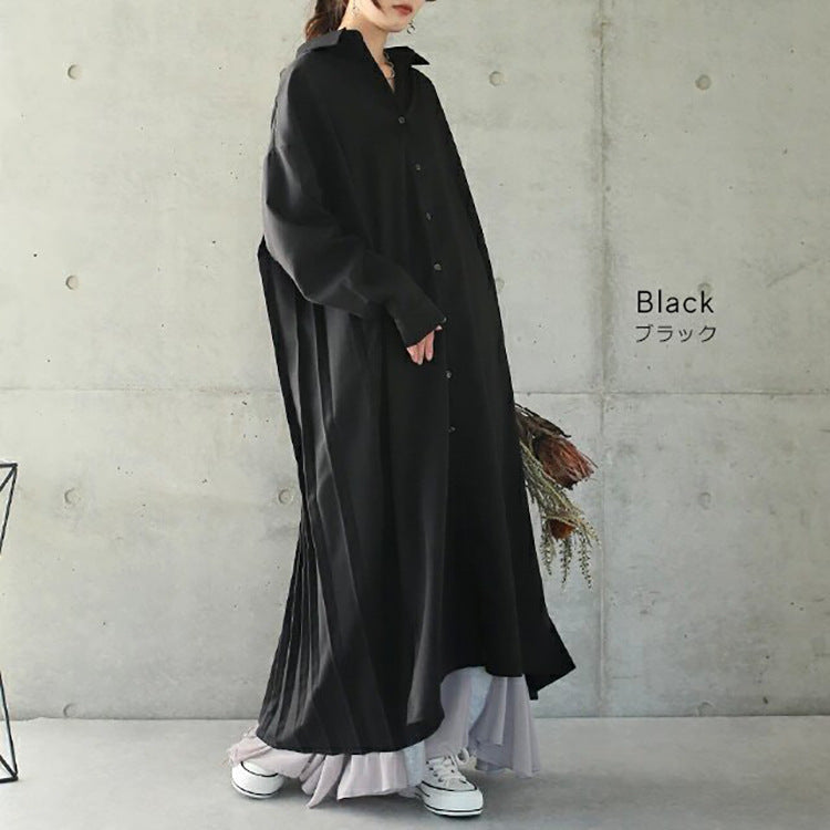 Spring Autumn Loose Overknee Dress Women Casual Large Version Back Pleated Long Shirt Dress