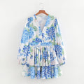Women Printed Long Sleeve Short Dress Summer Sexy V neck Slim Fit Ruffled A line Dress