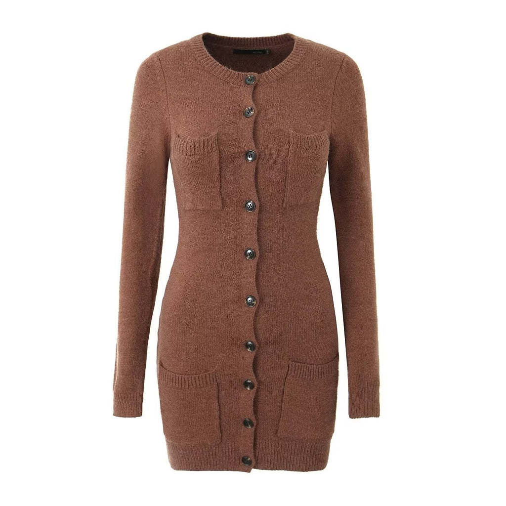 Knitted Long Sleeve Button Slim Fit Dress Sexy Slimming Hip Autumn Winter Black Knitted Women Clothing Dress