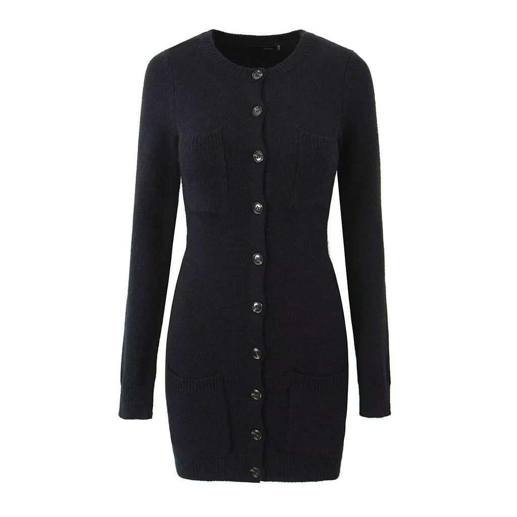 Knitted Long Sleeve Button Slim Fit Dress Sexy Slimming Hip Autumn Winter Black Knitted Women Clothing Dress