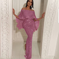 Back Big Ruffled Wrapped Chest off-Shoulder Dress Blingbling Sheath Slit Evening Dress