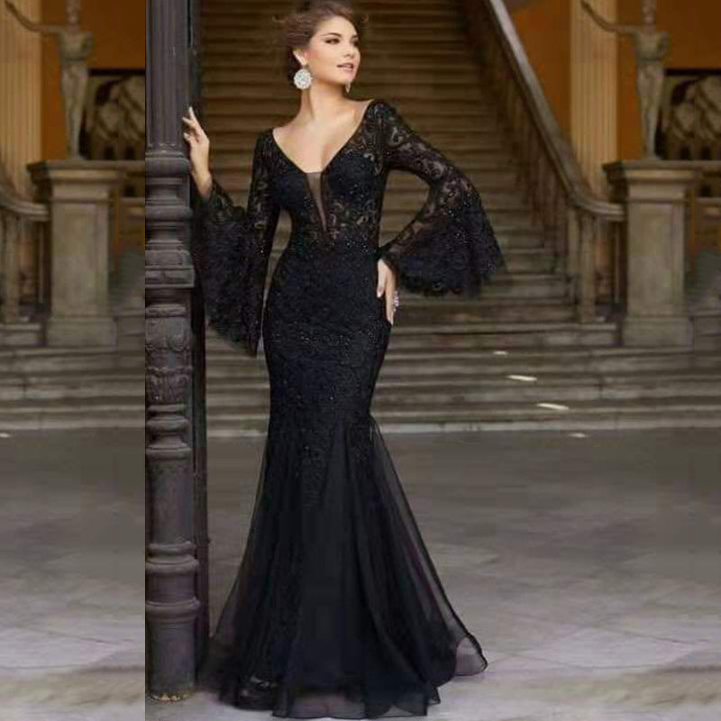Arrival Women Clothing Dress Lace Embroidered Fishtail Black Slim Fit Evening Dress
