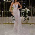 Women Clothing Sexy V neck Silver Suspenders Dress