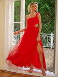 Women Clothing Shoulder Solid Color Voile Slit Slim Fitting Dress