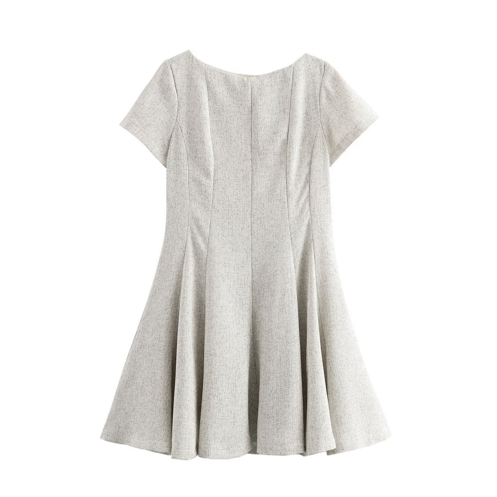 Women French Wave Wide Swing round Neck Short Sleeve Dress