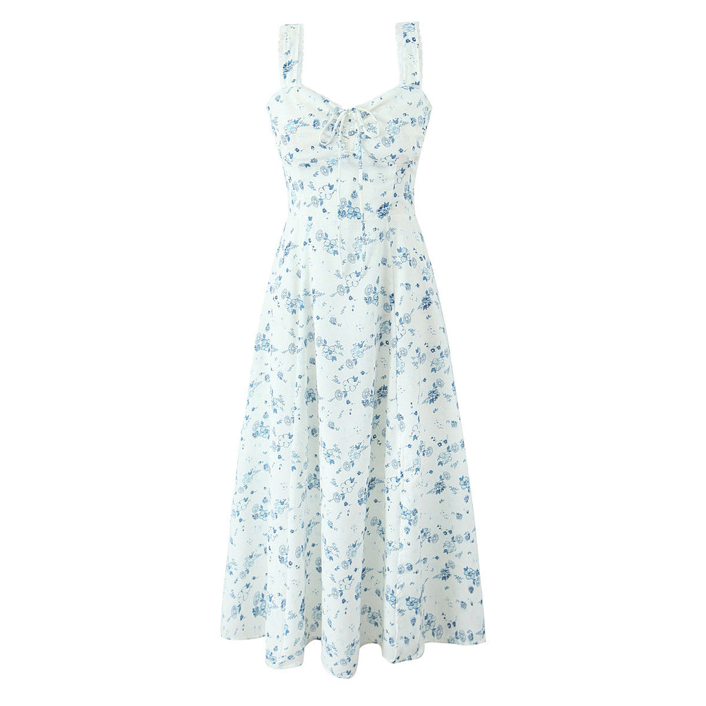 Spring Floral Print Lace Trim High Waist Slim Mid Length Sling Dress