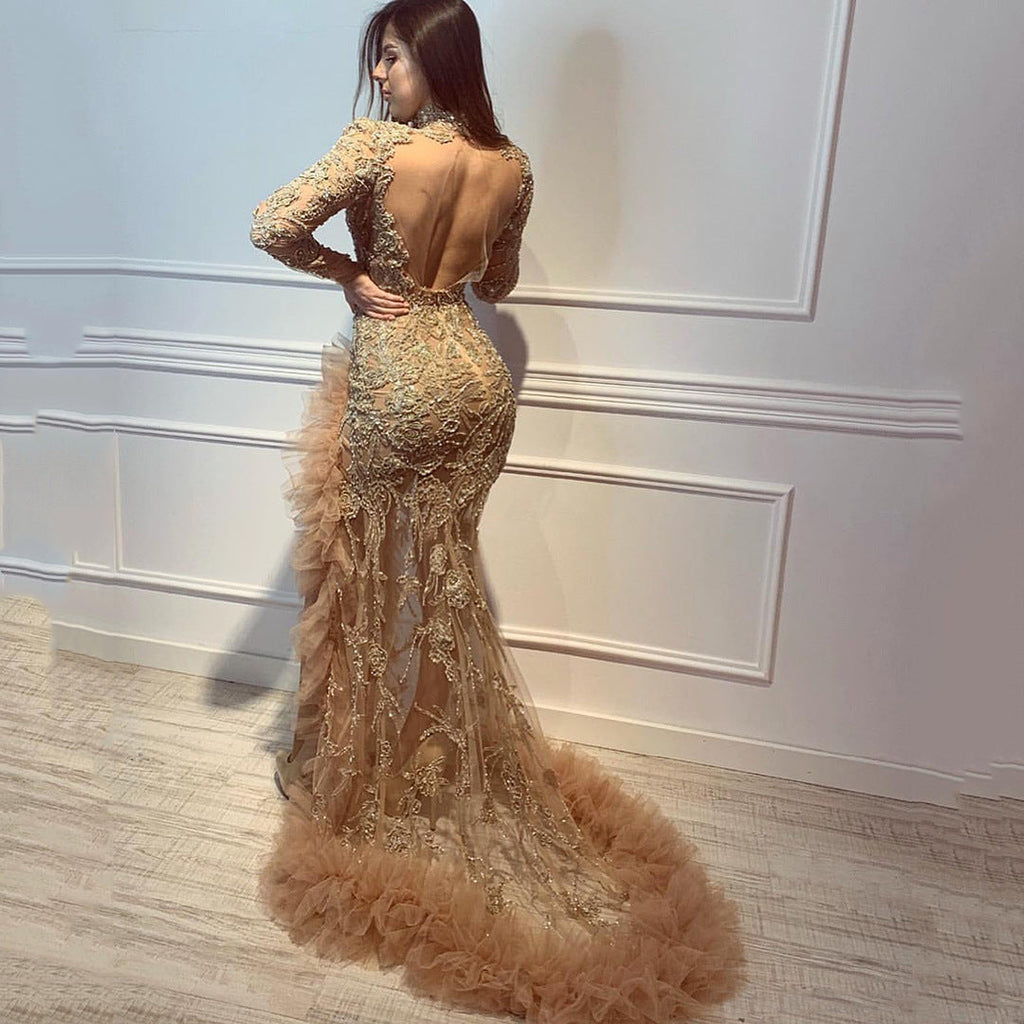 Women Dress Sexy Cocktail Elegant Mesh Long Fish Tail Evening Dress Women