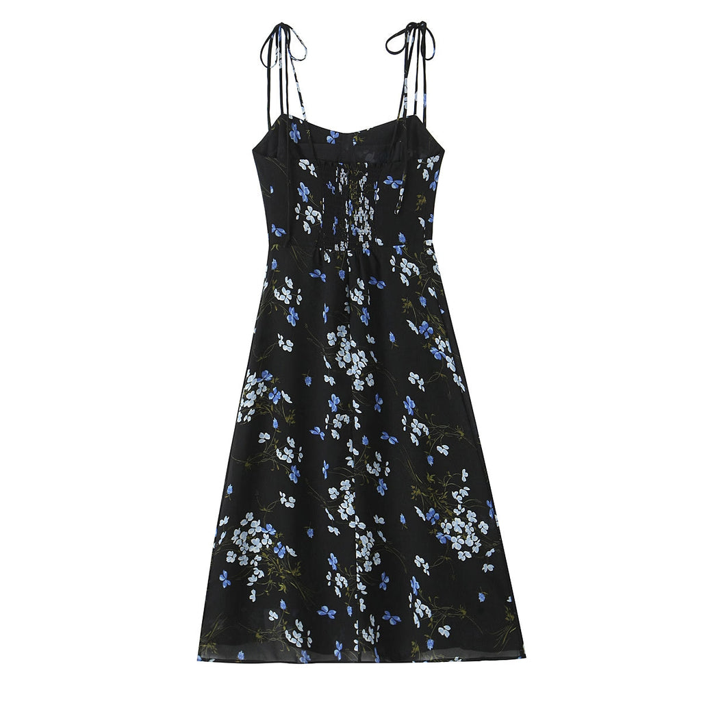 Spring French Vintage Floral Printed High Waist Sexy Side Split Hem Sling Dress