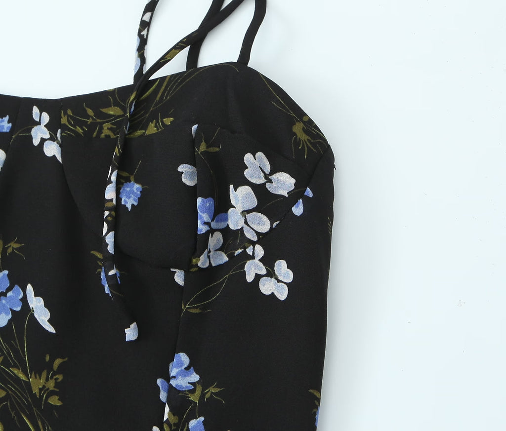 Spring French Vintage Floral Printed High Waist Sexy Side Split Hem Sling Dress