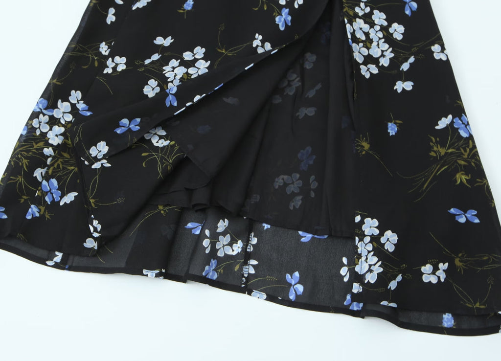Spring French Vintage Floral Printed High Waist Sexy Side Split Hem Sling Dress