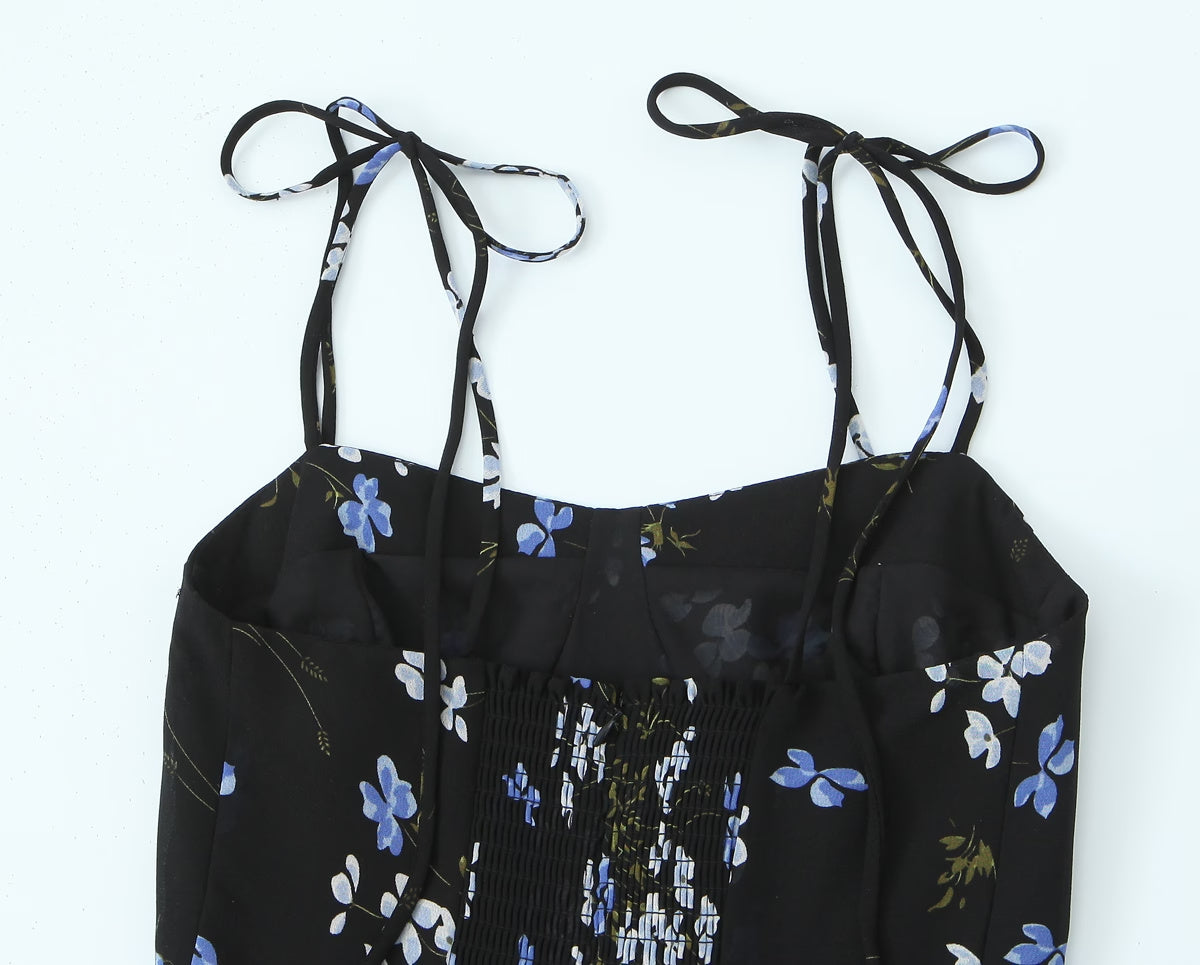 Spring French Vintage Floral Printed High Waist Sexy Side Split Hem Sling Dress