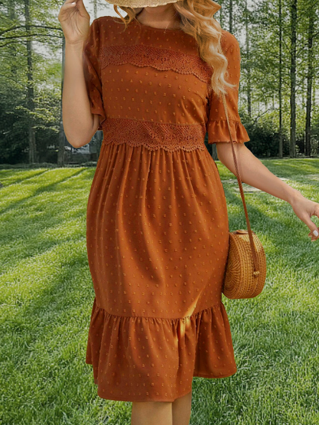 Spring Summer Women Lace Stitching Solid Color round Neck Ruffle Sleeve Dress