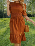 Spring Summer Women Lace Stitching Solid Color round Neck Ruffle Sleeve Dress