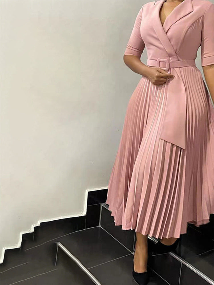 Autumn Winter Women Clothing Office Tailored Collar Pleat Waisted Dress