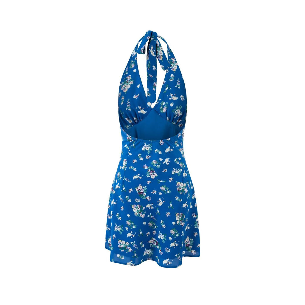 Spring Vacation Lace up Halter Women Waist Slimming Floral Dress