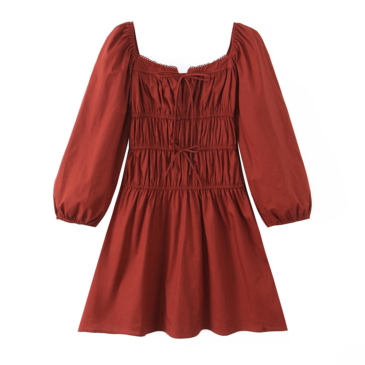 Square Collar Lace Elastic Pleated Waist Tight Ninth Sleeve Spring Slim Fitting Dress