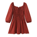 Square Collar Lace Elastic Pleated Waist Tight Ninth Sleeve Spring Slim Fitting Dress