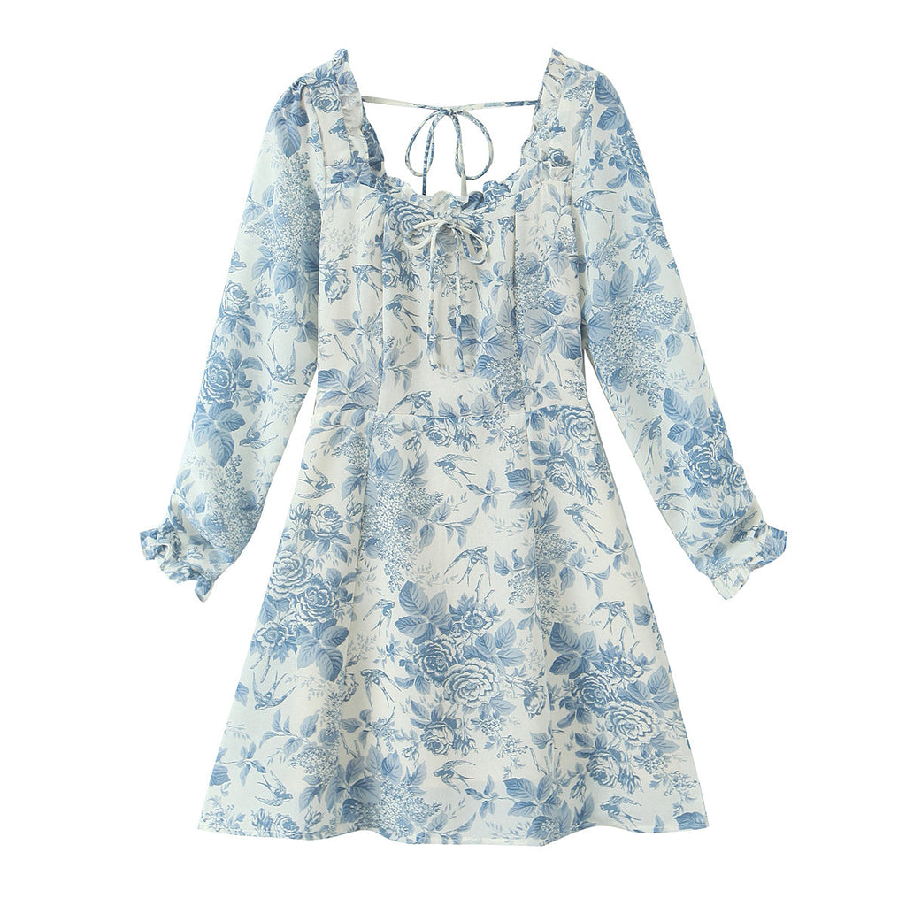 Spring Bird Floral Print Small Square Collar Backless Lace up Long Sleeve Dress