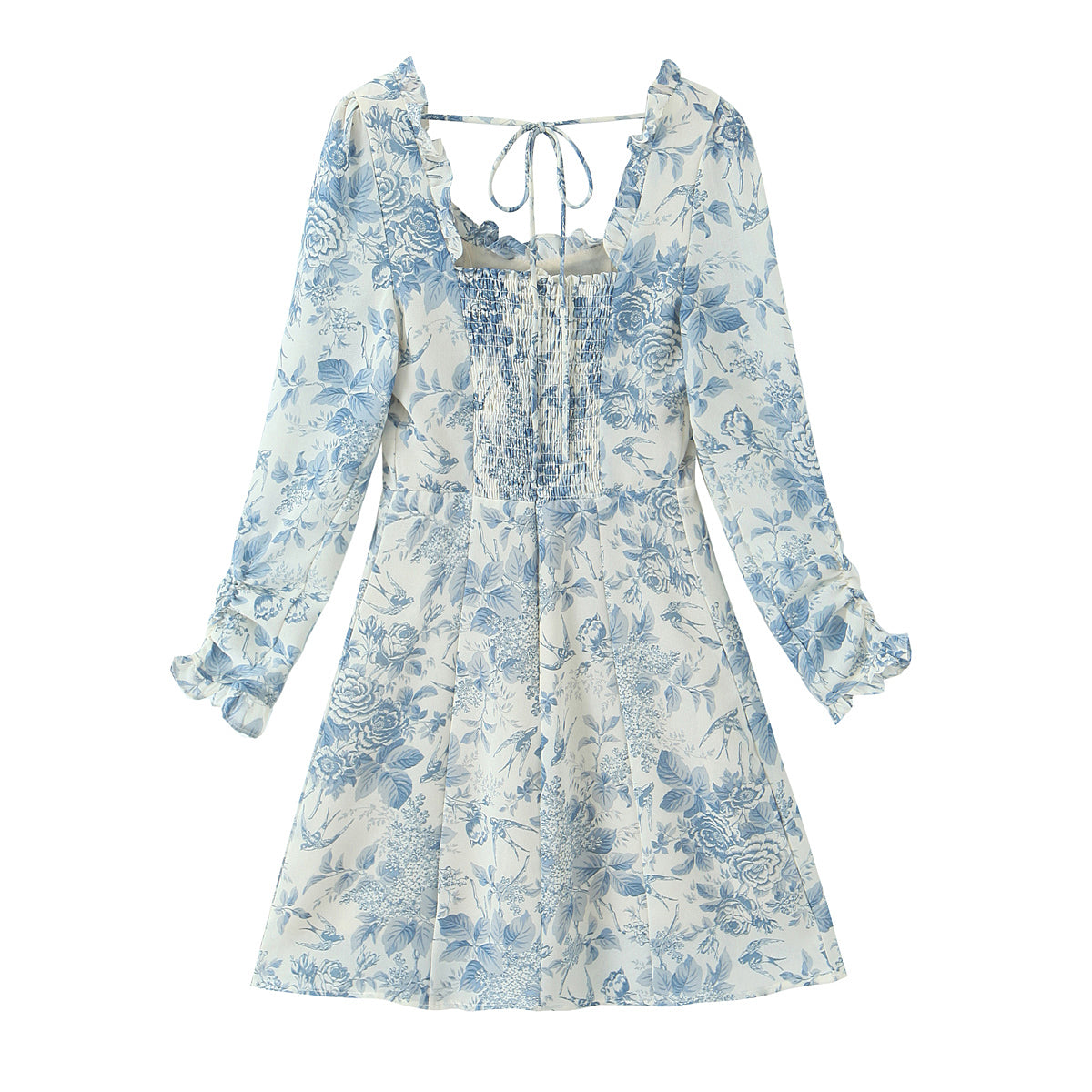 Spring Bird Floral Print Small Square Collar Backless Lace up Long Sleeve Dress