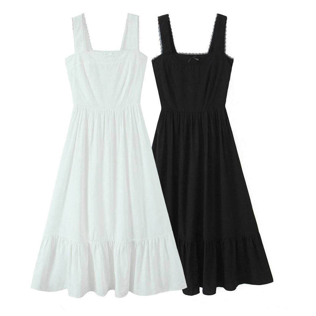 Spring Solid Color Square Collar Bow Embellished Lace Strap Dress