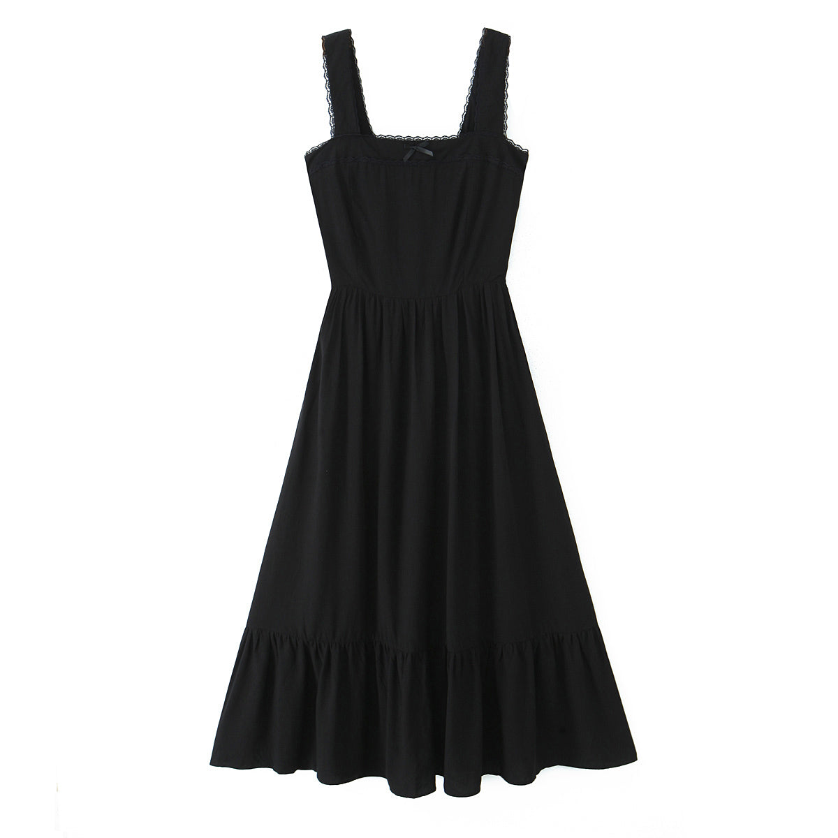 Spring Solid Color Square Collar Bow Embellished Lace Strap Dress