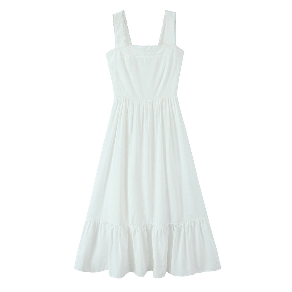 Spring Solid Color Square Collar Bow Embellished Lace Strap Dress