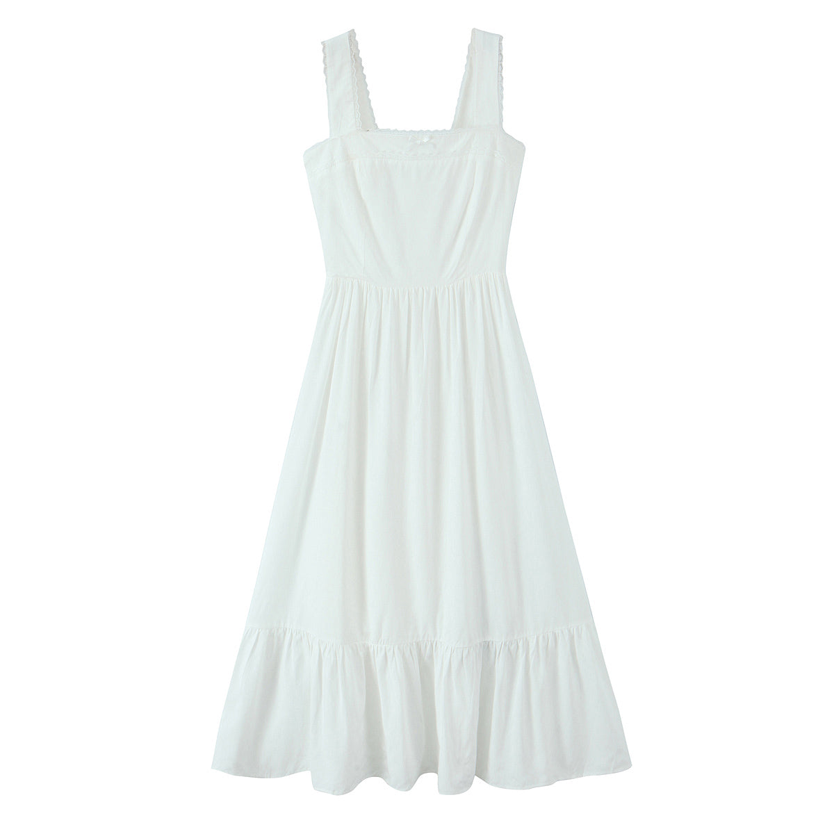 Spring Solid Color Square Collar Bow Embellished Lace Strap Dress