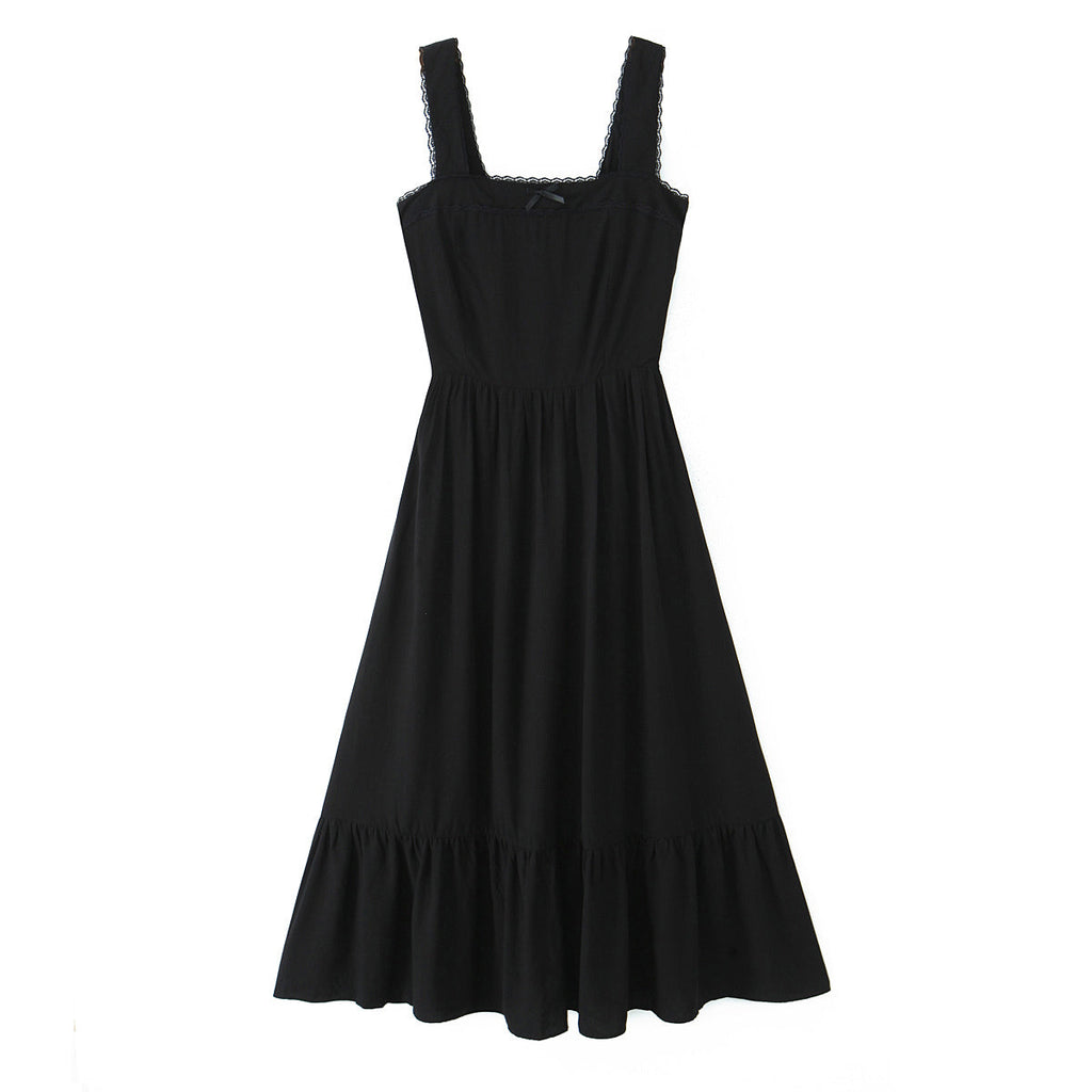Spring Solid Color Square Collar Bow Embellished Lace Strap Dress