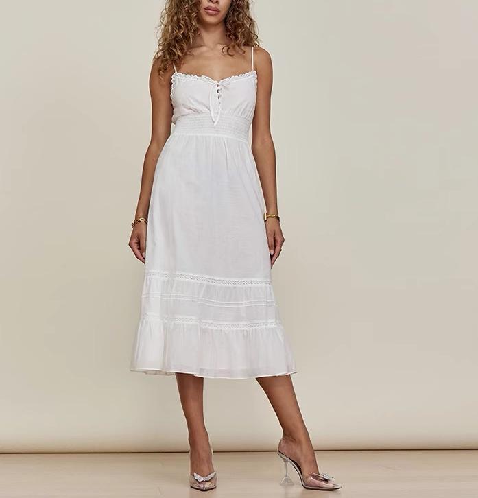 Spring Vintage Sexy Elastic Waisted Slimming Lace Fairy Spaghetti Strap Dress