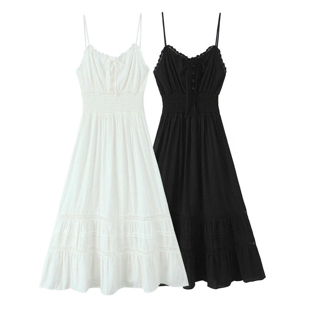 Spring Vintage Sexy Elastic Waisted Slimming Lace Fairy Spaghetti Strap Dress
