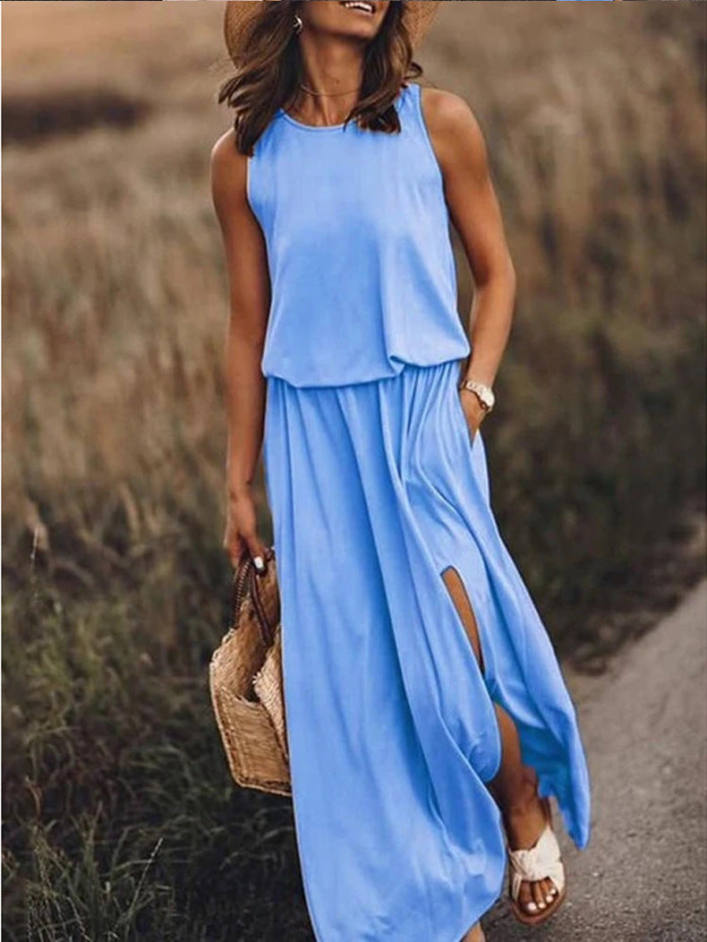 Spring Summer Women Clothing round Neck Sleeveless Dress Split Solid Color Casual Office Dress