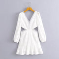 Women Clothing Casual V neck Lace Waist Opening Dress