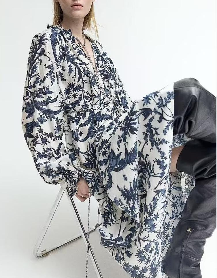 Bohemian Rayon Positioning Printed Casual Loose Waistband Long Sleeve Dress Summer Dress