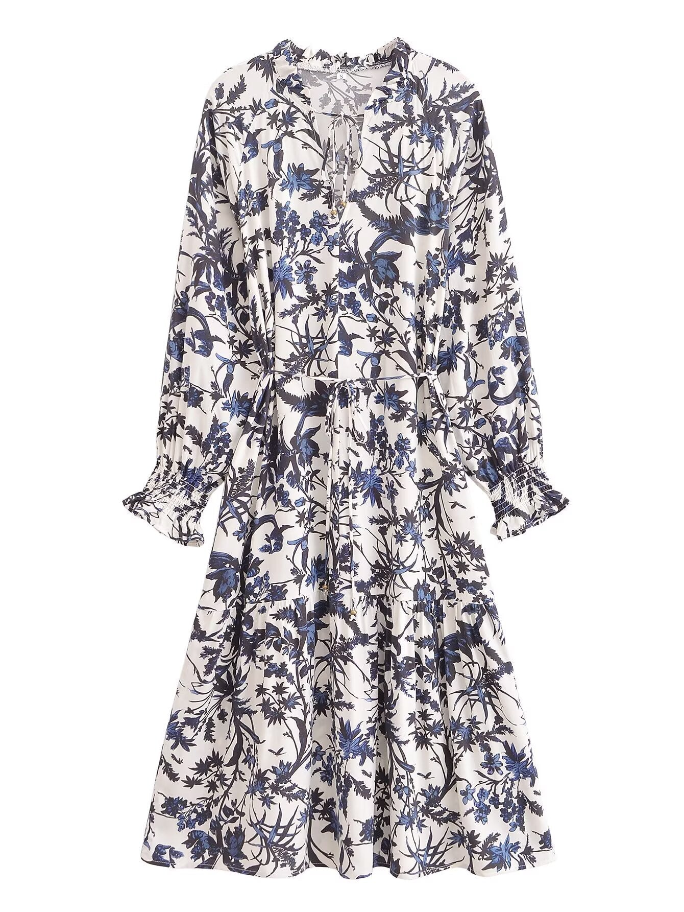 Bohemian Rayon Positioning Printed Casual Loose Waistband Long Sleeve Dress Summer Dress