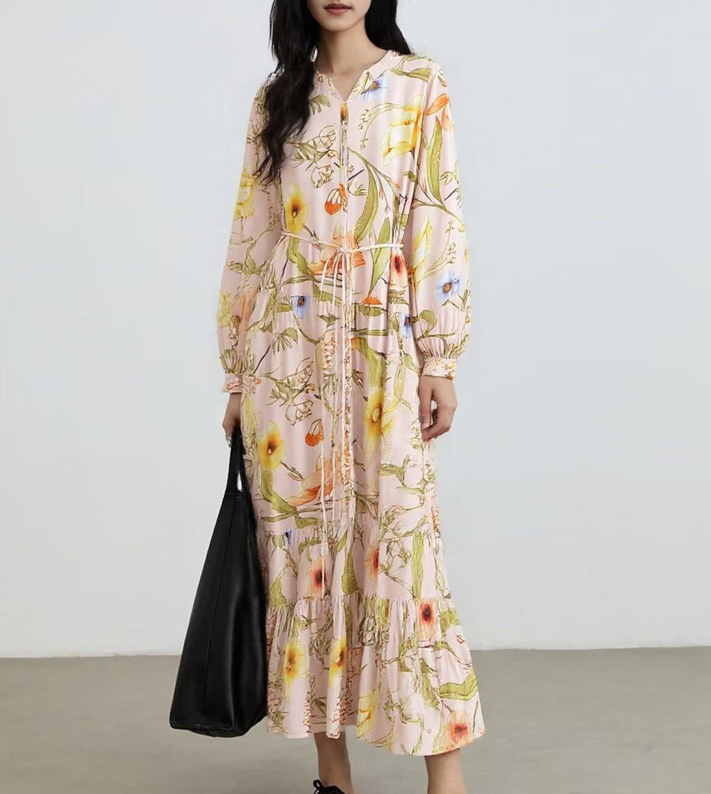 Women Water Printed Bohemian Casual Belt Dress
