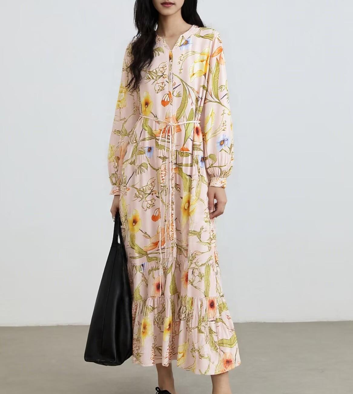 Women Water Printed Bohemian Casual Belt Dress