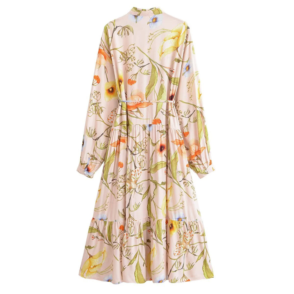 Women Water Printed Bohemian Casual Belt Dress