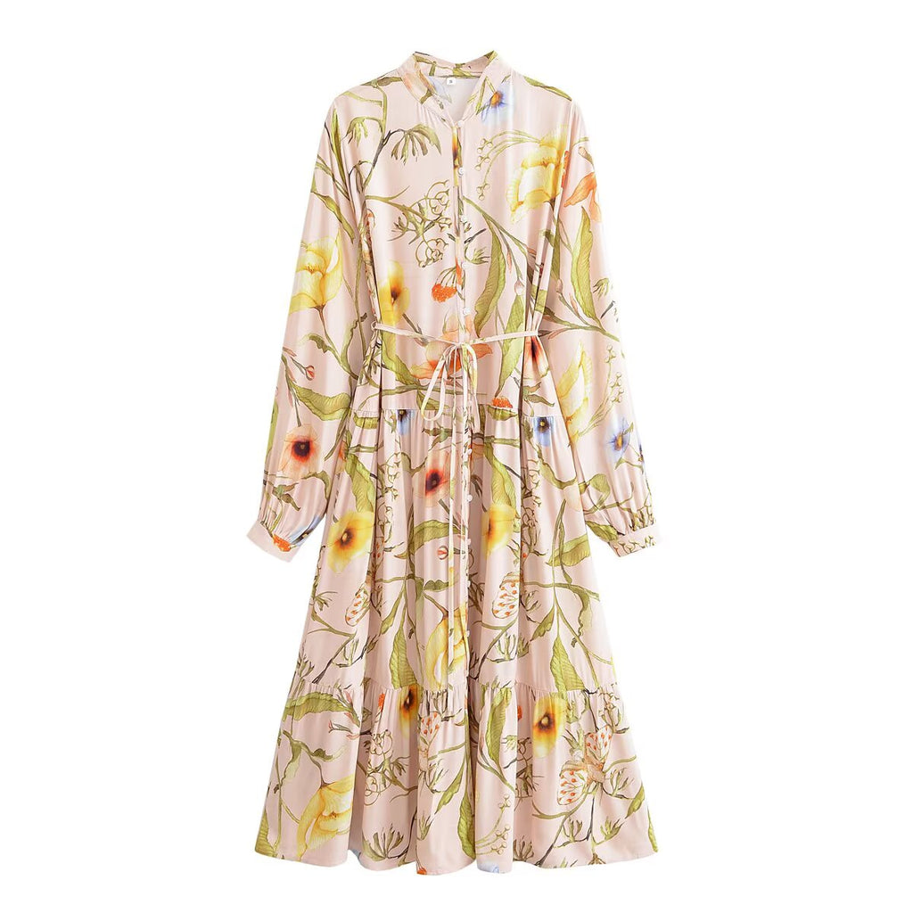 Women Water Printed Bohemian Casual Belt Dress